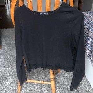 Forever21+ Plus Size Black Lace Long Sleeved Crop Top